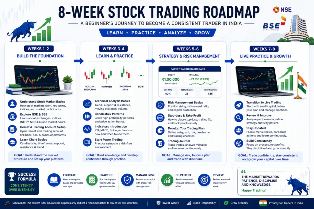 The Best Way to Learn Stock Trading in India (8- Week Plan) 1 8-week roadmap for learning stock trading in India for beginners