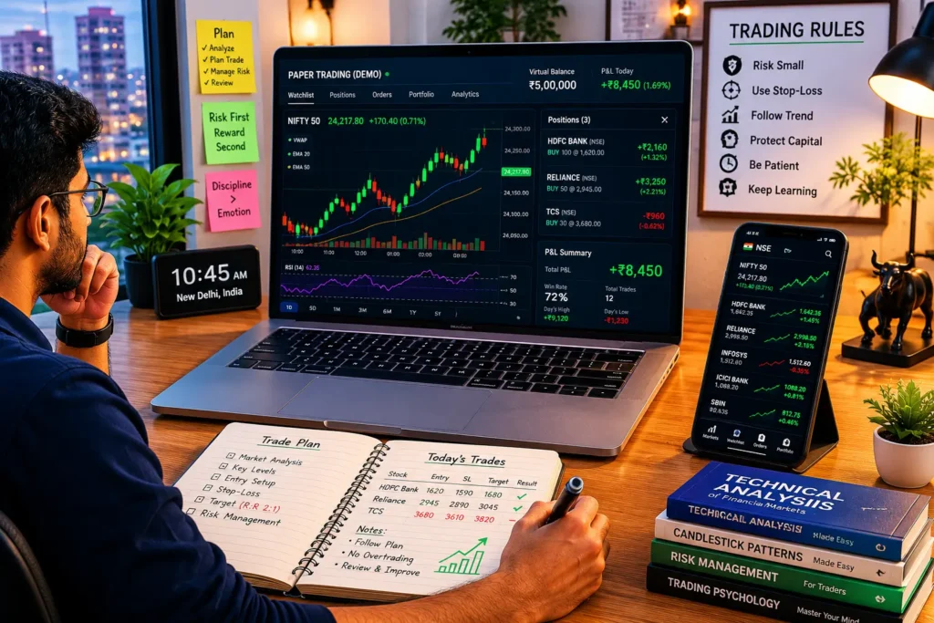 The Best Way to Learn Stock Trading in India (8- Week Plan) 2 Indian beginner practicing paper trading on a stock market demo platform