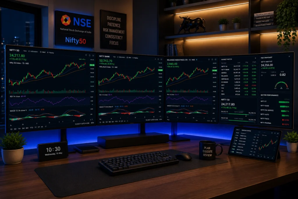 Stock Market Coaching in Delhi: Learn Trading, Investing & Technical Analysis 1 Stock market coaching in Delhi with professional trading setup and live NSE stock charts