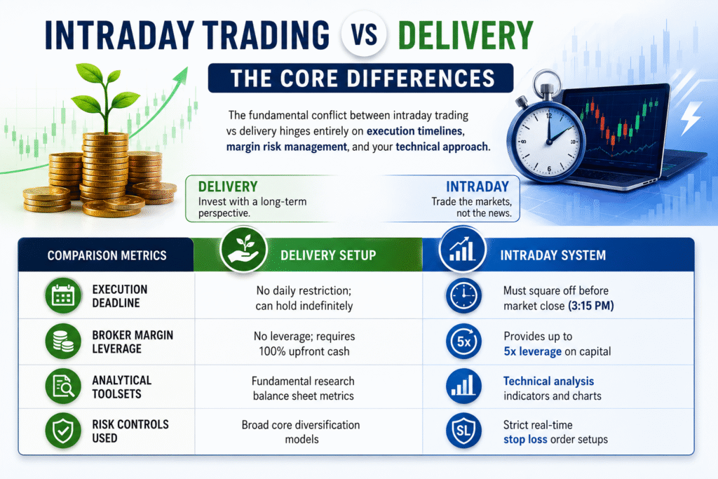 What is Delivery in Share Market vs. Intraday Trading: Which is Better for You? 2 What is delivery in share market infographic comparing delivery trading vs intraday trading with holding period, margin leverage, analysis tools, and risk controls.
