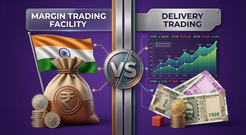 What is Delivery in Share Market vs. Intraday Trading: Which is Better for You? 1 A premium side-by-side infographic of MTF and stock delivery trading with Indian currency, defining what is delivery in share market.