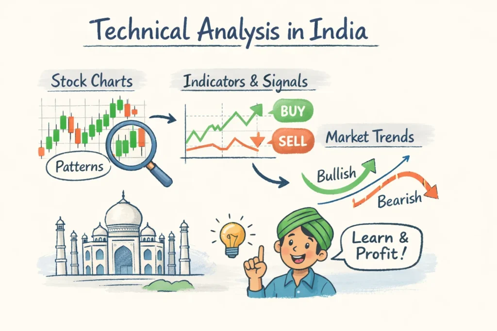 Technical analysis in India for beginners featuring stock charts, candlestick patterns, buy and sell indicators, bullish and bearish market trends, and NSE stock market learning concepts