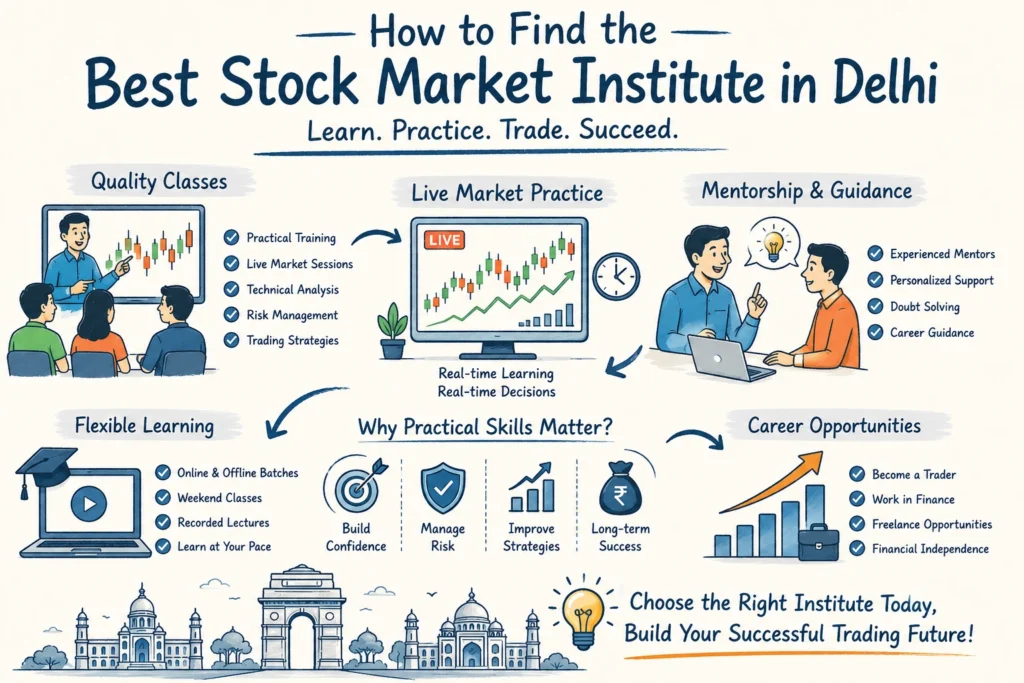 Best Stock Market Institute in Delhi infographic showing practical trading skills, live market training