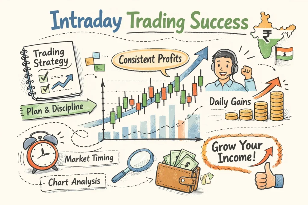 Consistent intraday trading profits in India shown through an Indian trader analyzing NSE stock charts, VWAP indicators, RSI setups, and disciplined risk management strategies on multiple trading screens.