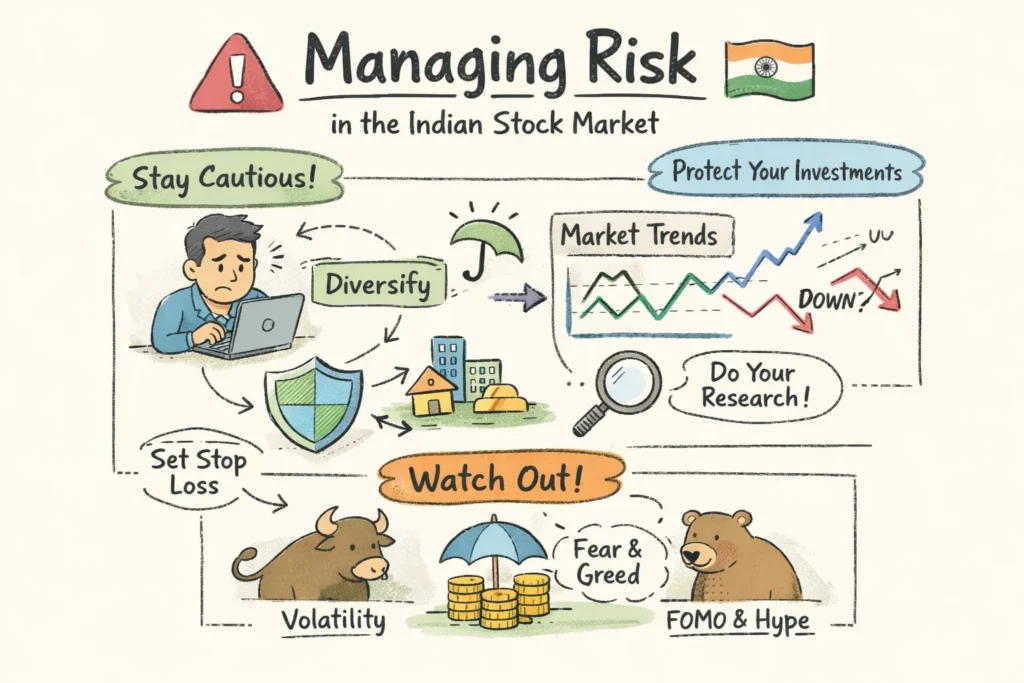 How to manage risk in the Indian stock market using diversification, stop-losses, and research strategies