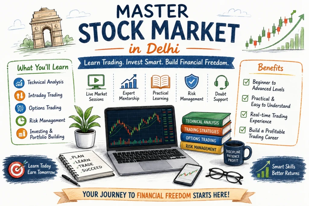 Stock Market Coaching in Delhi infographic featuring technical analysis, intraday trading, options trading, risk management, and investment training