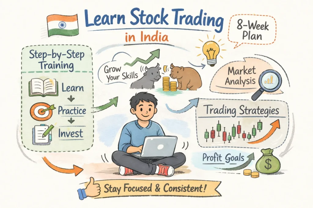 Learn stock trading in India with an 8-week beginner roadmap featuring market analysis, trading strategies, paper trading, and profit planning illustration