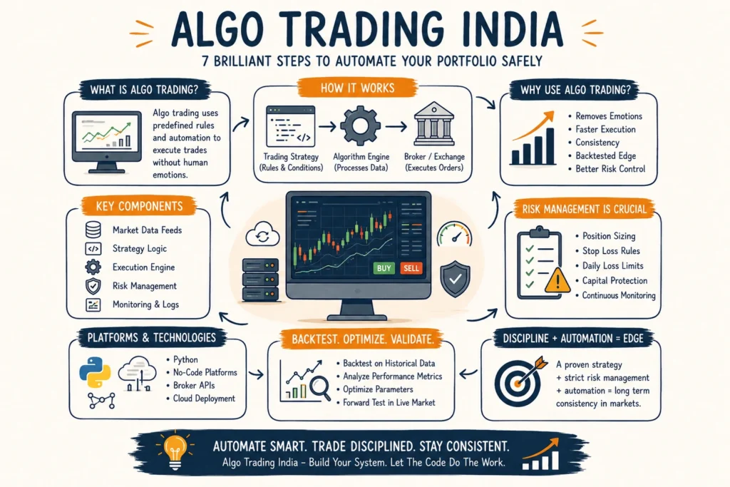 Algo Trading India: 7 Brilliant Steps to Automate Your Portfolio Safely 7 Algo Trading India infographic explaining automated trading strategies, broker APIs, risk management, backtesting, and portfolio automation.