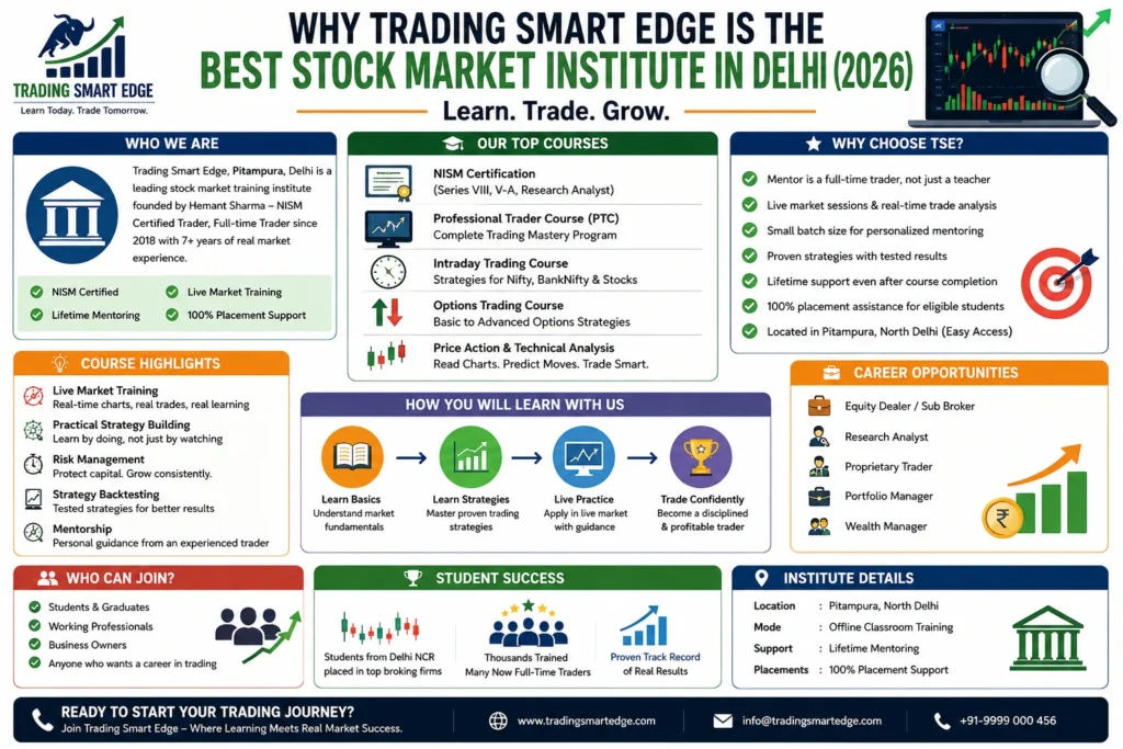 Best Institute for Stock Market Courses in Delhi 2026 — Trading Smart Edge 9 Best Stock Market Institute in Delhi with professional trading courses and live market training