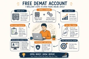 Free demat account infographic explaining how to open a demat account online safely and start investing in the stock market.