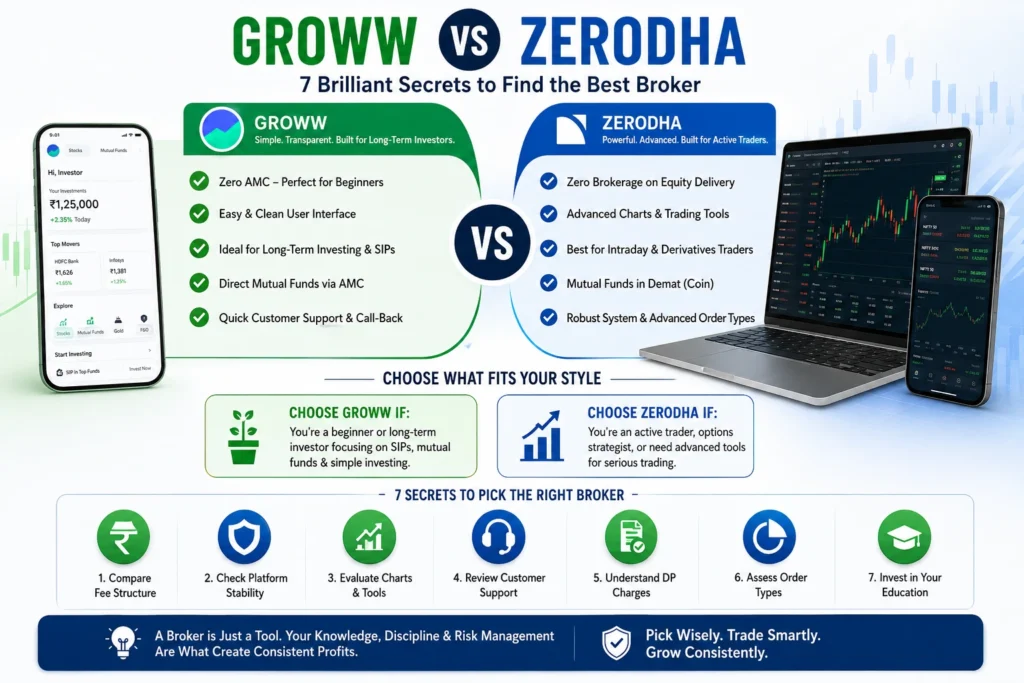 Groww vs Zerodha: 7 Brilliant Secrets to Find the Best Broker 3 Groww vs Zerodha infographic comparing fees, trading features, investment tools, and broker benefits to help investors choose the best stock broker in India.