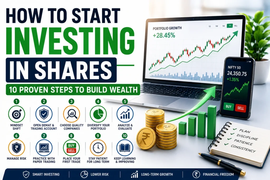 How to start investing in shares infographic with 10 beginner steps for long-term wealth creation.
