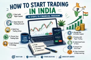 How to start trading in India illustrated guide featuring a trading workstation, Demat account setup, market charts, risk management, and a 10-step roadmap for beginners.