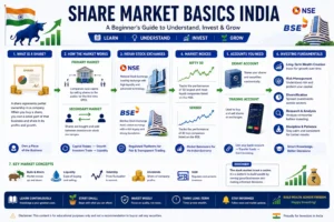 share market basics india infographic explaining NSE, BSE, Nifty 50, Sensex, Demat account