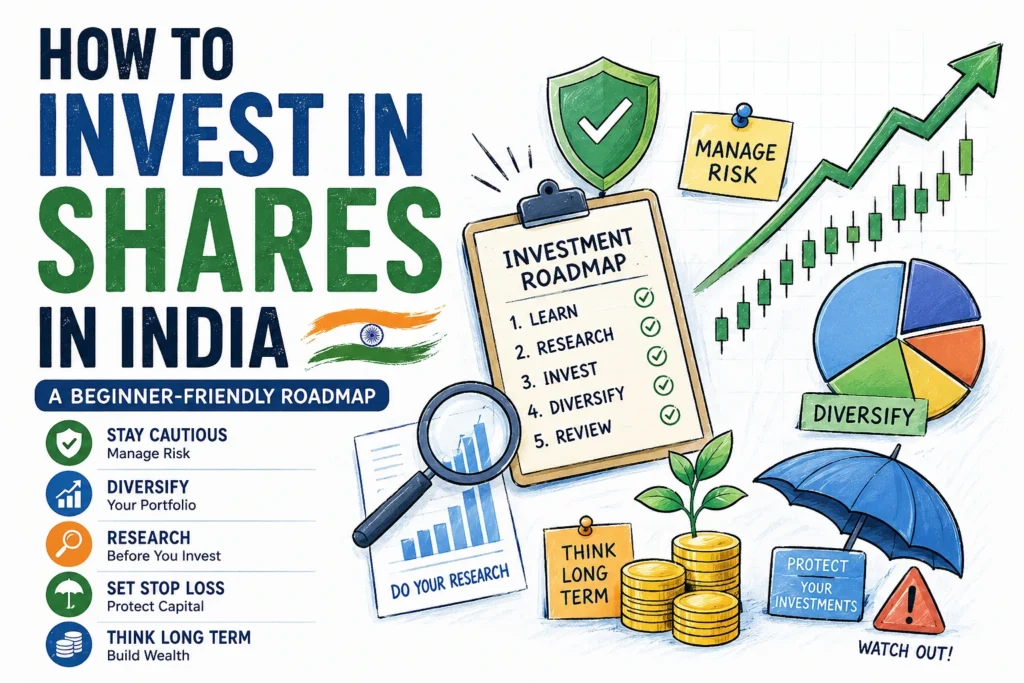 How to Invest in Shares in India: A Beginner-Friendly Roadmap 2 How to invest in shares India roadmap showing Demat account, portfolio diversification, risk management, and long-term stock market investing.