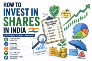 How to invest in shares India roadmap showing Demat account, portfolio diversification, risk management, and long-term stock market investing.