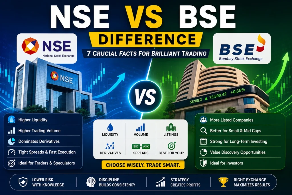 NSE vs. BSE Difference: 7 Crucial Facts for Brilliant Trading 1 NSE vs BSE difference infographic comparing liquidity, trading volume, listed companies, derivatives, and investment benefits in India.