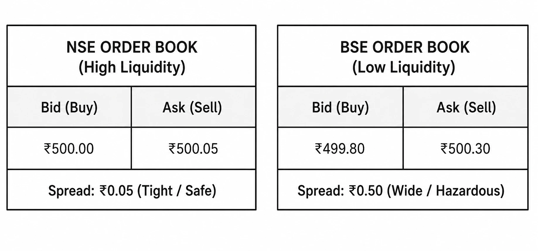 NSE vs BSE order book comparison showing high vs low liquidity, bid-ask spreads, and tighter pricing on NSE versus wider spreads on BSE.