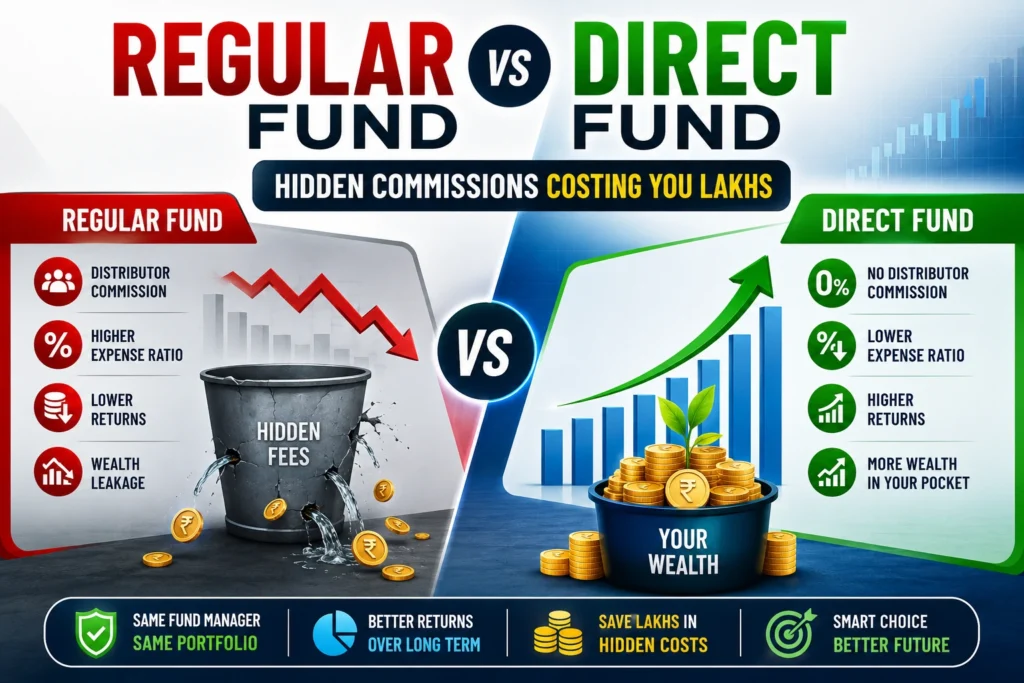 regular vs direct fund comparison infographic showing hidden commissions, lower expense ratios, and long-term wealth growth in mutual funds.