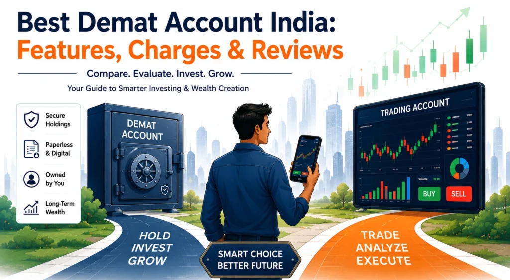 Best Demat Account in India: Features, Charges, and Reviews 2 Best Demat Account India infographic showing an investor choosing between a Demat account
