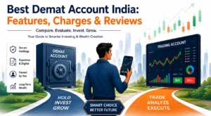 Best Demat Account India infographic showing an investor choosing between a Demat account