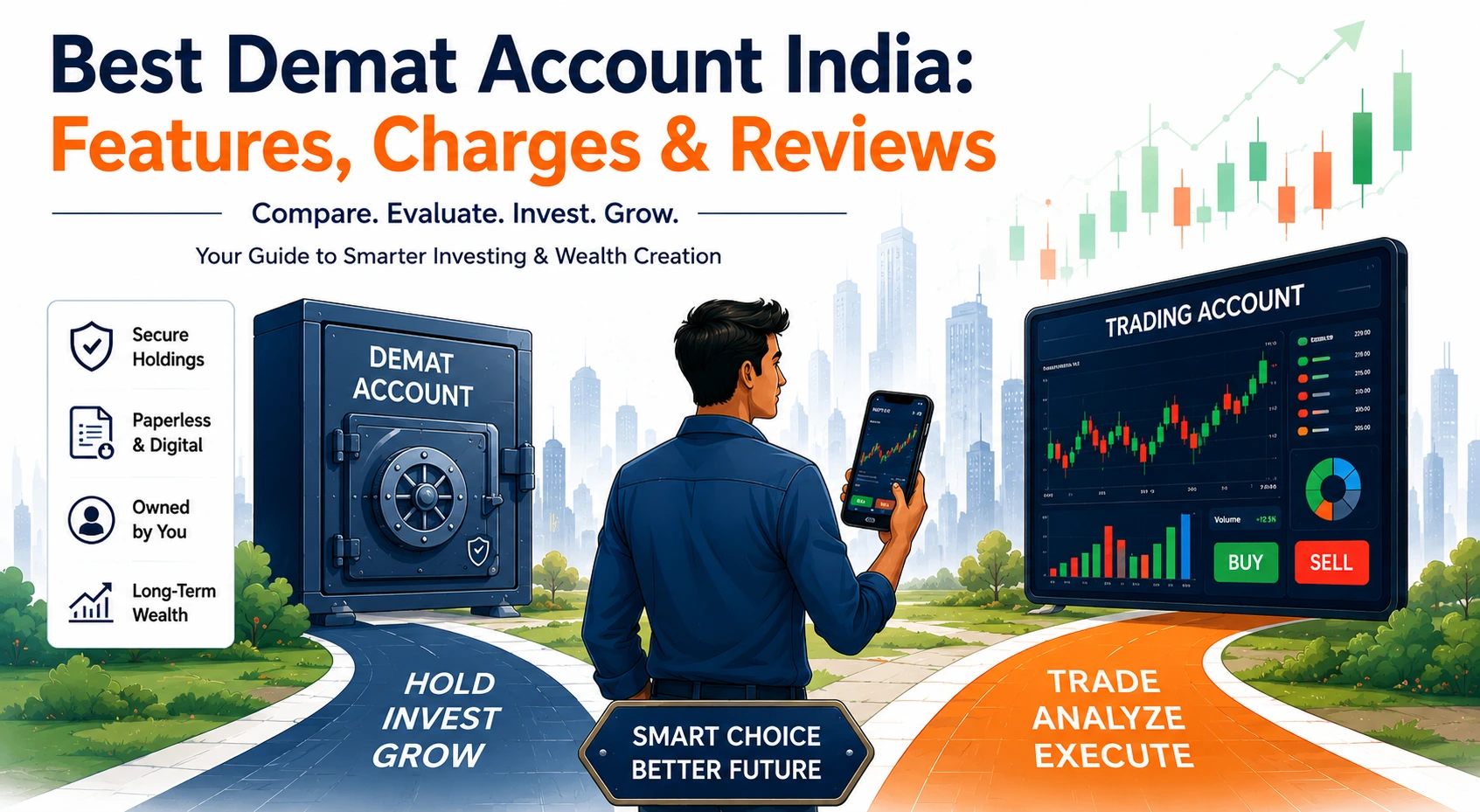Best Demat Account India infographic showing an investor choosing between a Demat account