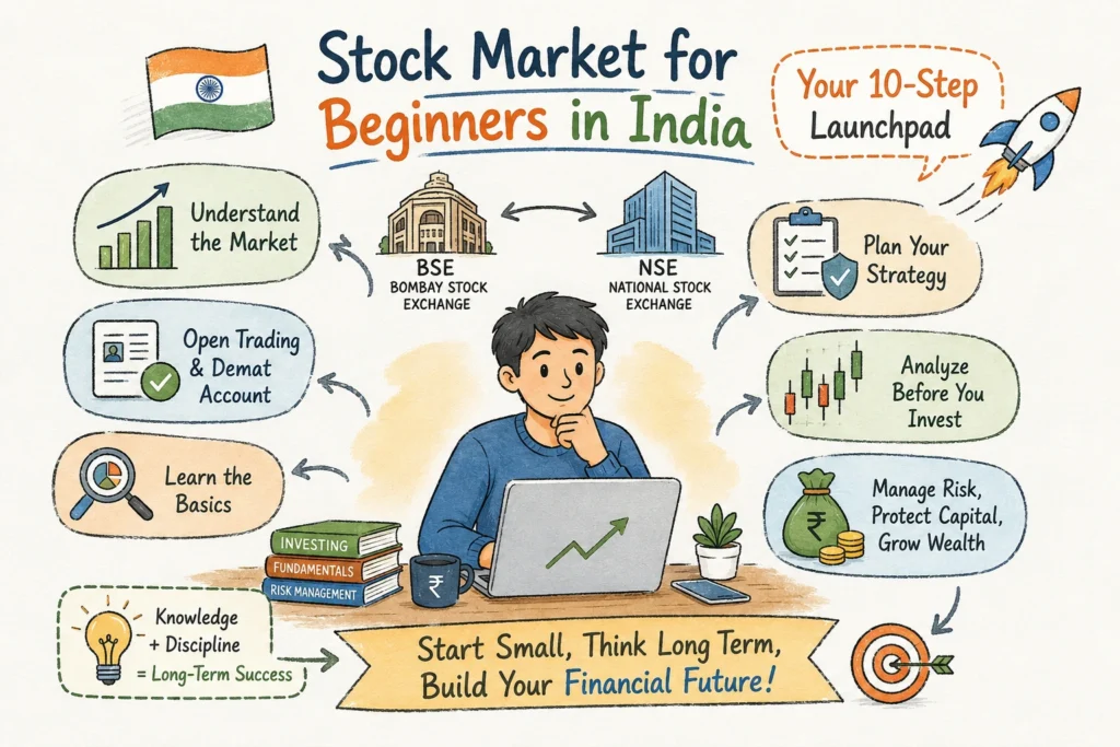 Stock Market for Beginners in India: Your 10-Step Launchpad 6 Stock market for beginners in India guide showing NSE, BSE, Demat account setup, investing basics, and risk management strategies.