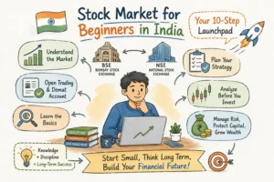 Stock market for beginners in India guide showing NSE, BSE, Demat account setup, investing basics, and risk management strategies.