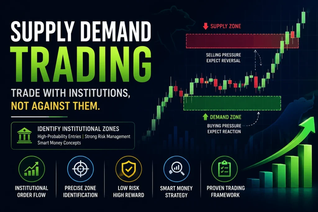Supply Demand Trading: 7 Master Secrets to Spot Institutional Zones 4 Supply demand trading chart illustrating institutional supply and demand zones, smart money order flow, and high-probability trading setups.