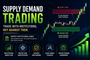 Supply demand trading chart illustrating institutional supply and demand zones, smart money order flow, and high-probability trading setups.