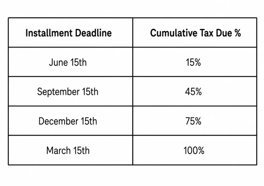Trading Income Tax in India: Taxation Rules for Intraday and F&O Traders 2 India advance tax payment schedule table showing installment due dates and cumulative tax percentages for June, September, December, and March.