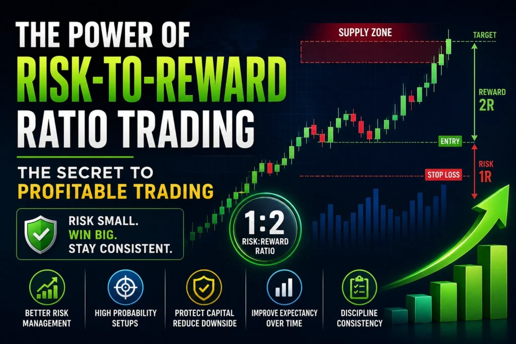 Risk reward ratio trading chart illustrating a 1:2 risk-to-reward setup with entry, stop loss, target, and profitable trading strategy.