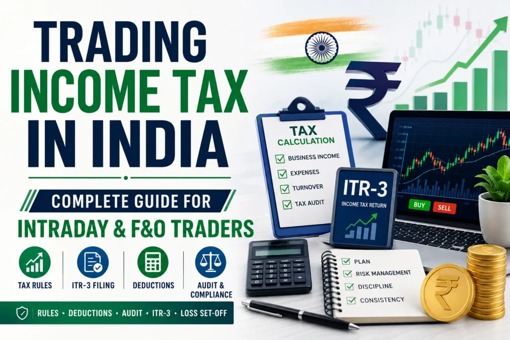 Trading income tax India guide featuring ITR-3 filing, tax calculation, deductions, audit compliance, and intraday & F&O trading rules.