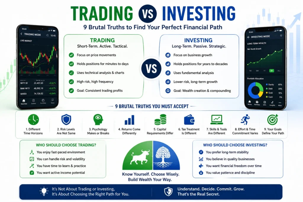 Trading vs Investing: 9 Brutal Truths to Find Your Perfect Financial Path 8 Trading vs investing comparison infographic explaining key differences in risk, time horizon, returns, and wealth-building strategies