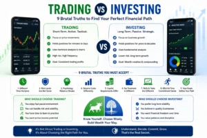 Trading vs investing comparison infographic explaining key differences in risk, time horizon, returns, and wealth-building strategies