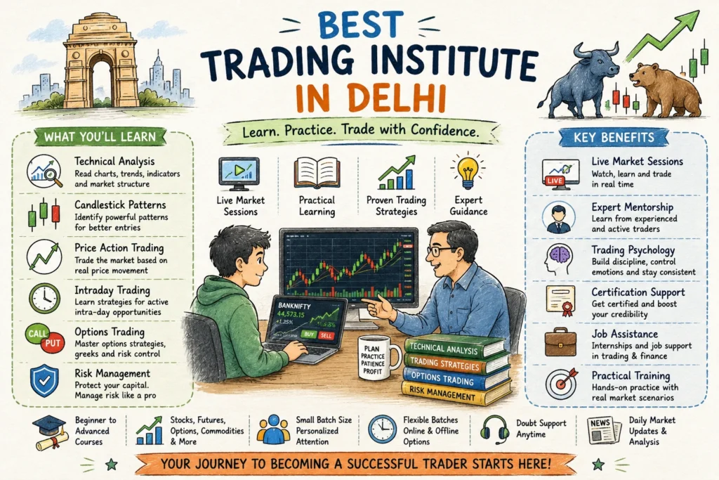 Best Trading Institute in Delhi offering technical analysis, intraday trading, options trading, risk management, and live market training.