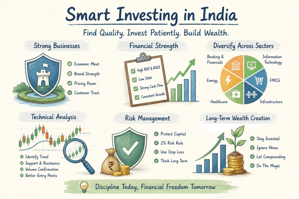 Best Stocks to Invest in India: 10 Brilliant Sectors for High Compounding 1 Best stocks to invest in India illustrated through economic moats, diversification, financial strength, risk management, and long-term wealth creation strategies