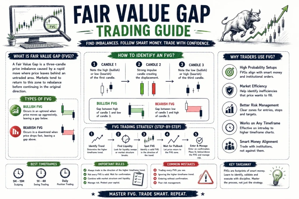 Fair Value Gap in Trading guide infographic explaining bullish and bearish FVG patterns, smart money concepts.