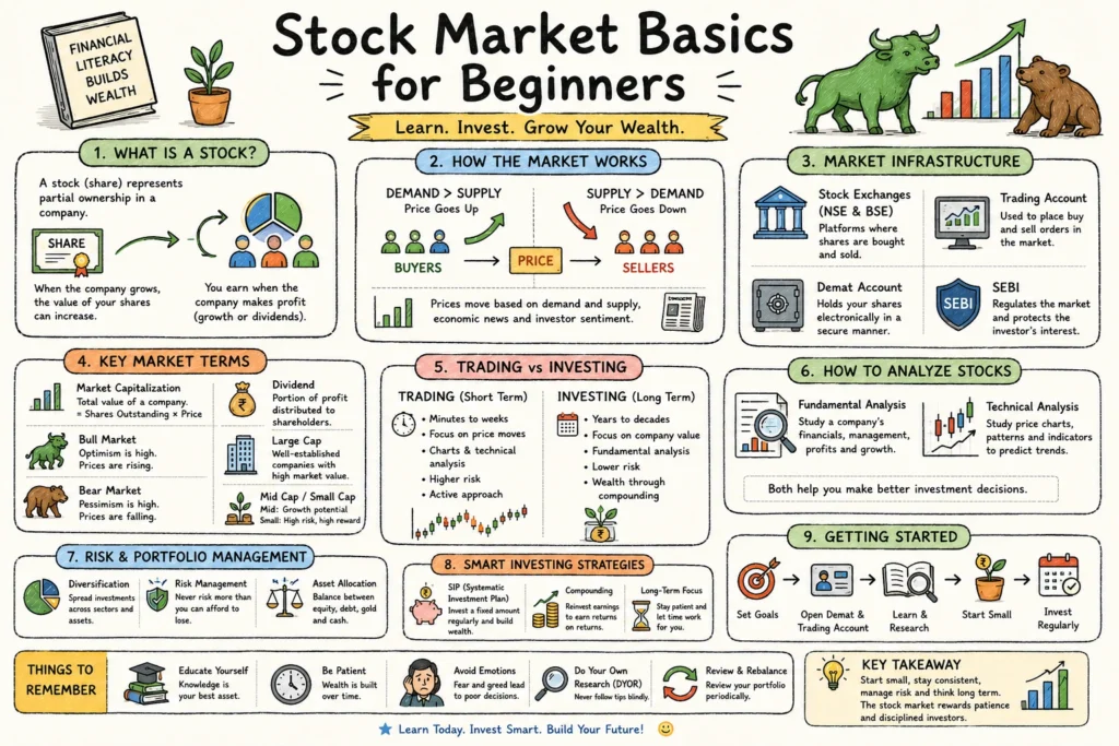 Educational Stock Market Basics for Beginners infographic covering stocks, NSE and BSE, demat accounts, technical and fundamental analysis, investing strategies, and portfolio management.
