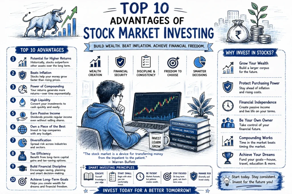 Infographic showing the top 10 advantages of stock market investing for beginners including wealth creation, compounding, diversification, and passive income.