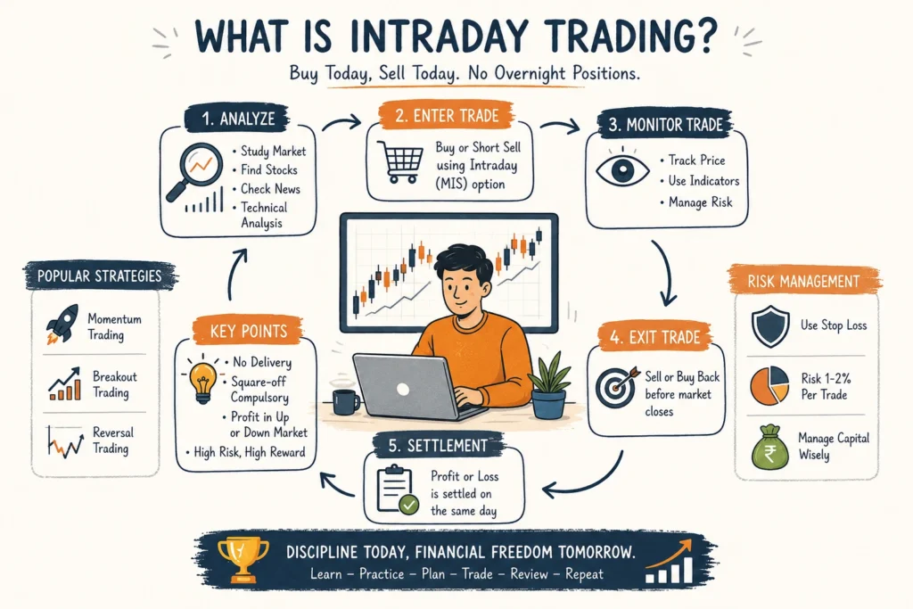 What is intraday trading infographic showing market analysis, trade execution, risk management and trading strategies