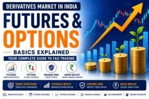 Futures and Options Basics guide featuring derivatives market growth, stock charts, leverage, risk management, and F&O trading concepts in India.