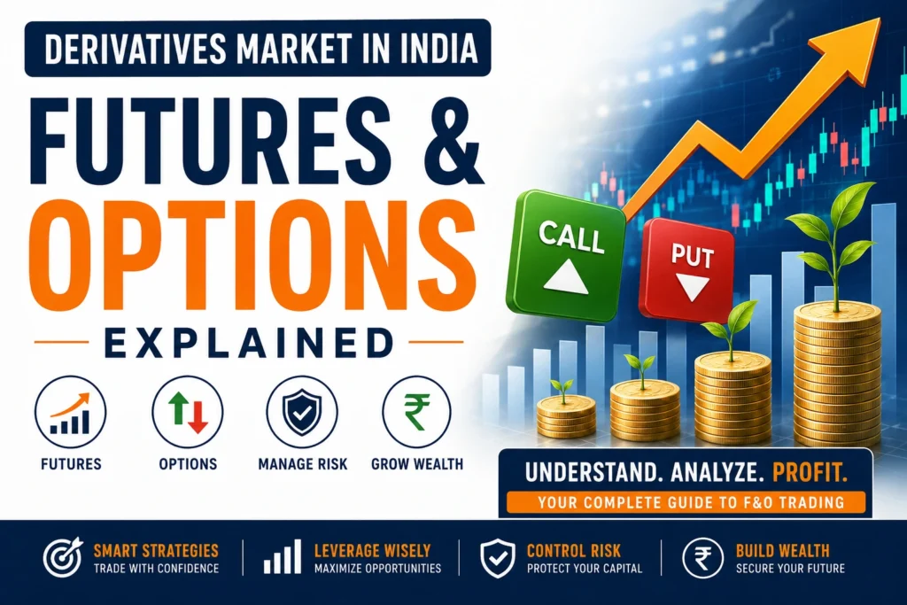 Derivatives market India guide featuring Futures and Options trading, Call and Put contracts, risk management, leverage, and market growth concepts.