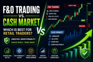 F&O trading vs cash market comparison showing leverage, expiry risk, stock ownership and lower-risk trading for retail traders