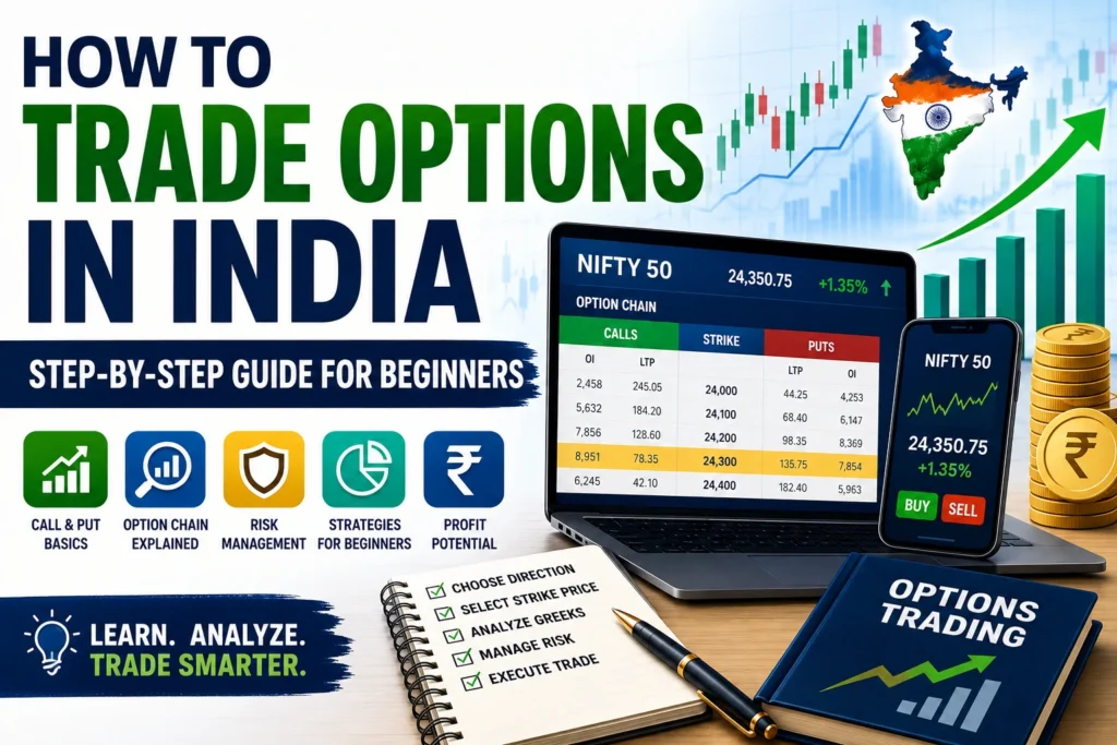 How to trade options India step-by-step guide featuring Nifty option chain, trading dashboard, risk management, and options trading basics.