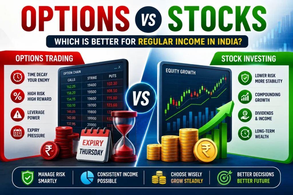 Options vs Stocks India comparison infographic showing options trading and stock investing for generating regular income with key risks and benefits.