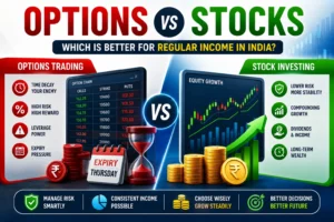 Options vs Stocks India comparison infographic showing options trading and stock investing for generating regular income with key risks and benefits.
