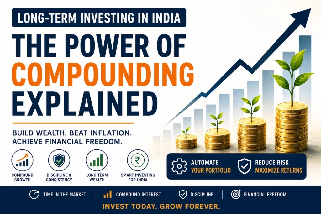 long term investing india illustration showing the power of compounding, wealth growth, disciplined investing, and financial freedom.