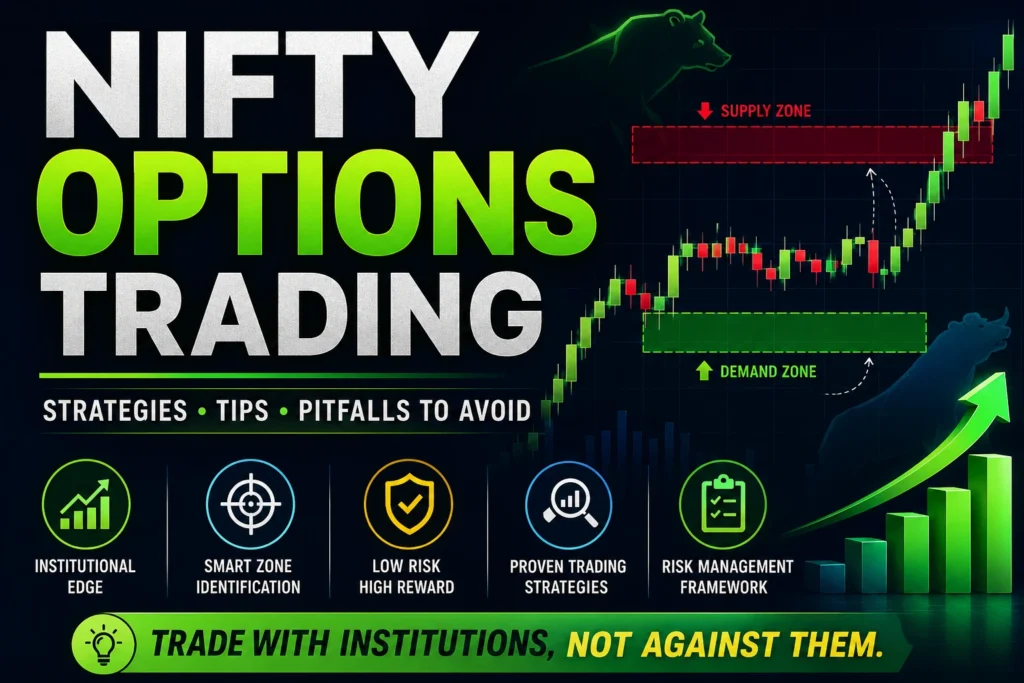 Nifty options trading guide featuring option chain analysis, supply and demand zones, institutional trading strategies, and risk management concepts.