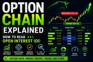 Option chain explained showing Open Interest (OI), support, resistance, PCR, and IV in NSE options trading.